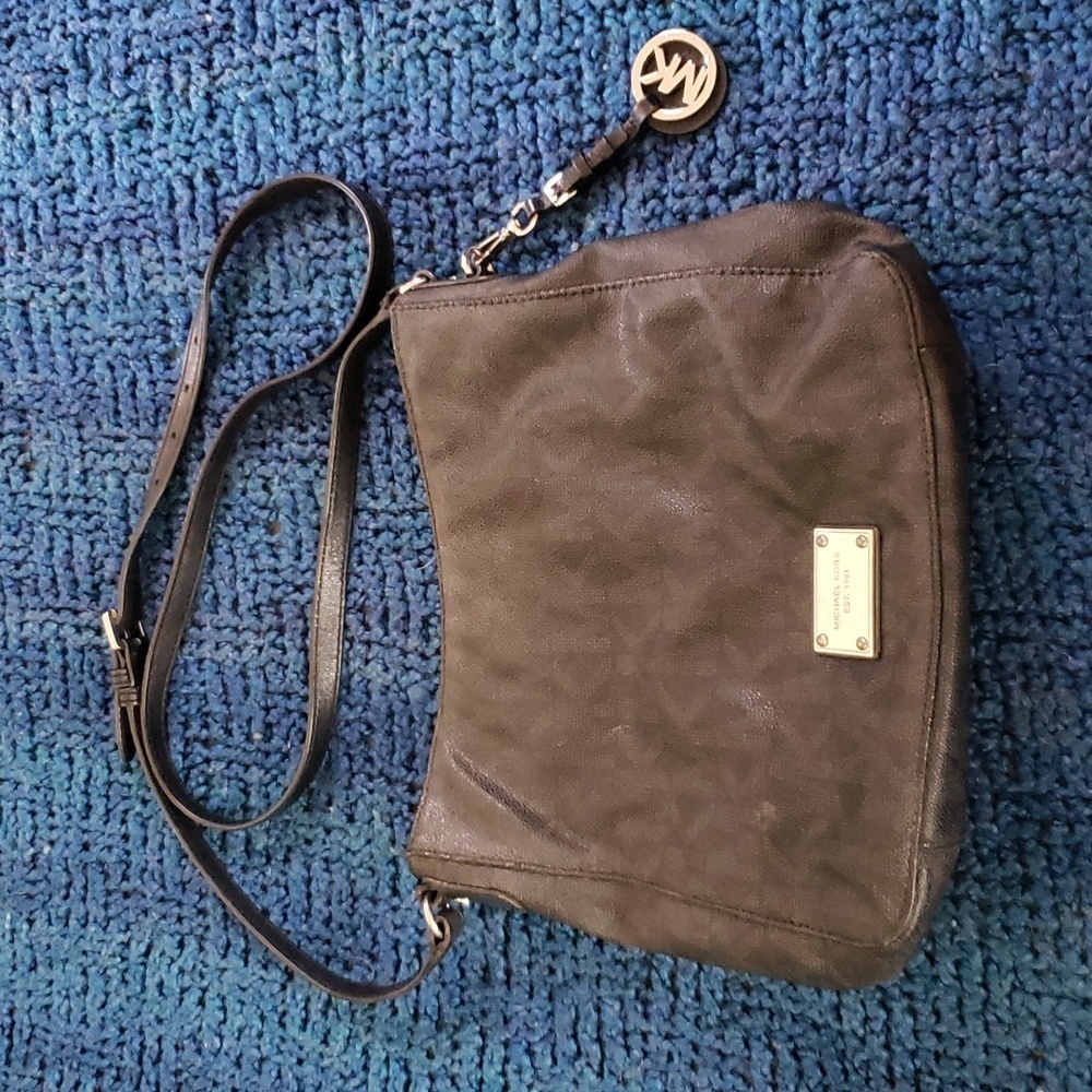 Michael Kors monogram crossbody leather bag, black, silver hardware